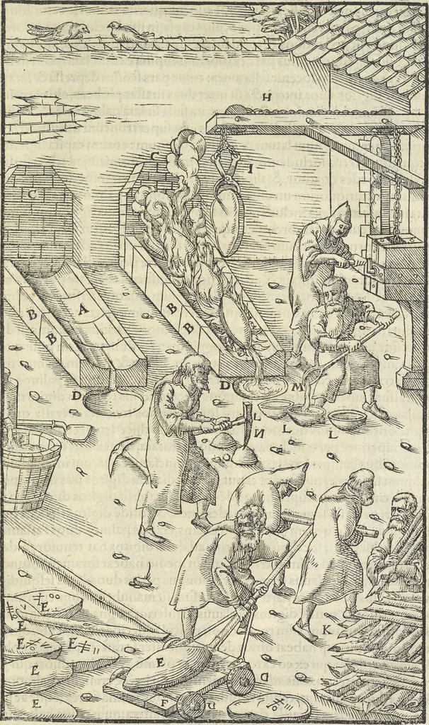 An illustration from Georgii Agricolae De re metallica : libri XII. Quibus officia, instrumenta, machinae, ac omnia deni[que] ad metallicam spectantia, non modo luculentissimè describuntur, sed & per effigies, suis locis infertas, adiunctis latinis, germanicis [que] appellationibus ita ob oculos ponuntur, ut clarius tradi non possint. ; Eiusdem De animantibus subterraneis liber,, 1556, leaf 416
