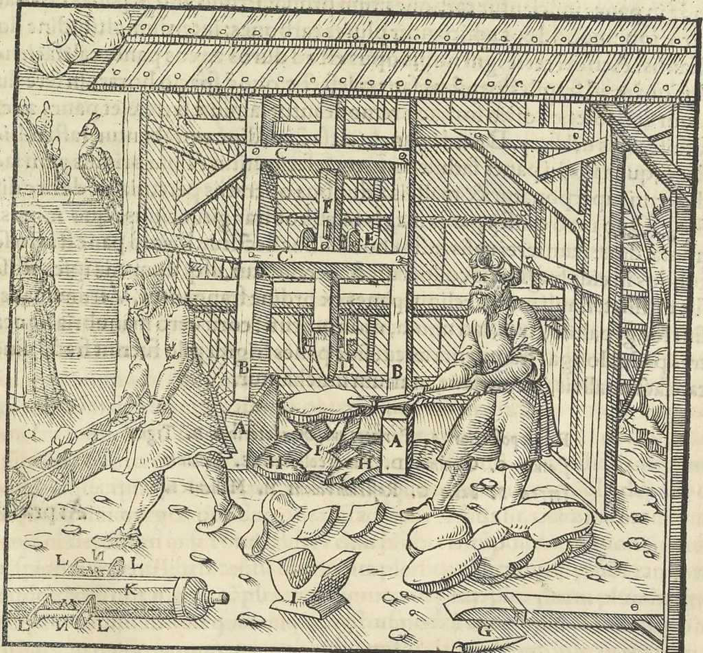 An illustration from Georgii Agricolae De re metallica : libri XII. Quibus officia, instrumenta, machinae, ac omnia deni[que] ad metallicam spectantia, non modo luculentissimè describuntur, sed & per effigies, suis locis infertas, adiunctis latinis, germanicis [que] appellationibus ita ob oculos ponuntur, ut clarius tradi non possint. ; Eiusdem De animantibus subterraneis liber,, 1556, leaf 418