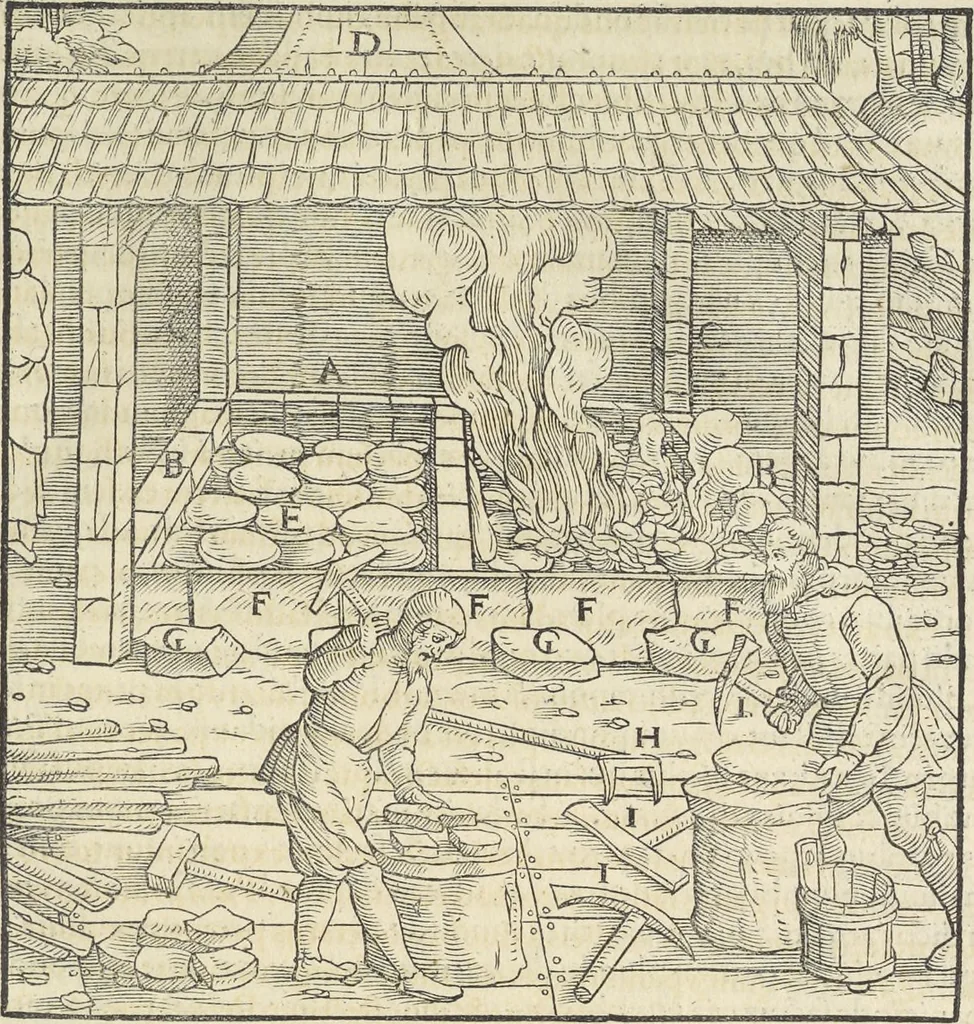 An illustration from Georgii Agricolae De re metallica : libri XII. Quibus officia, instrumenta, machinae, ac omnia deni[que] ad metallicam spectantia, non modo luculentissimè describuntur, sed & per effigies, suis locis infertas, adiunctis latinis, germanicis [que] appellationibus ita ob oculos ponuntur, ut clarius tradi non possint. ; Eiusdem De animantibus subterraneis liber,, 1556, leaf 420
