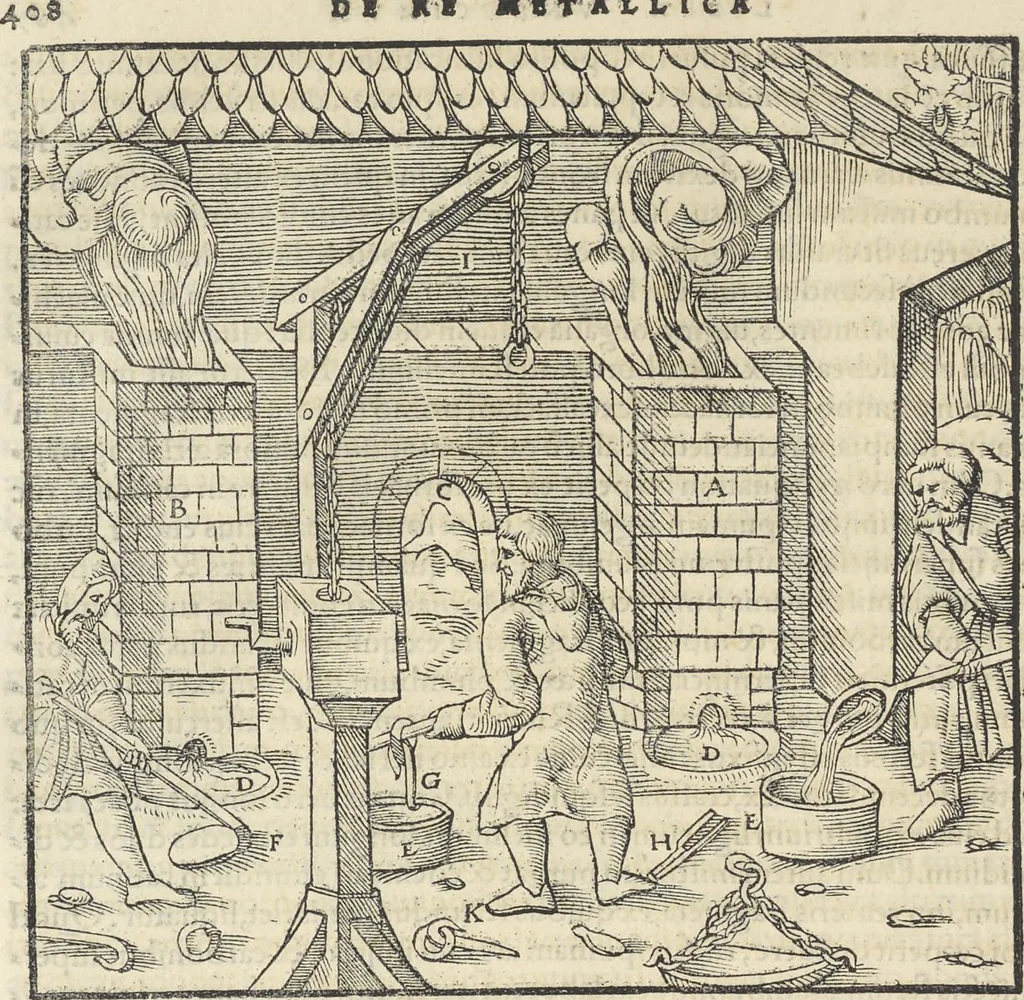 An illustration from Georgii Agricolae De re metallica : libri XII. Quibus officia, instrumenta, machinae, ac omnia deni[que] ad metallicam spectantia, non modo luculentissimè describuntur, sed & per effigies, suis locis infertas, adiunctis latinis, germanicis [que] appellationibus ita ob oculos ponuntur, ut clarius tradi non possint. ; Eiusdem De animantibus subterraneis liber,, 1556, leaf 423