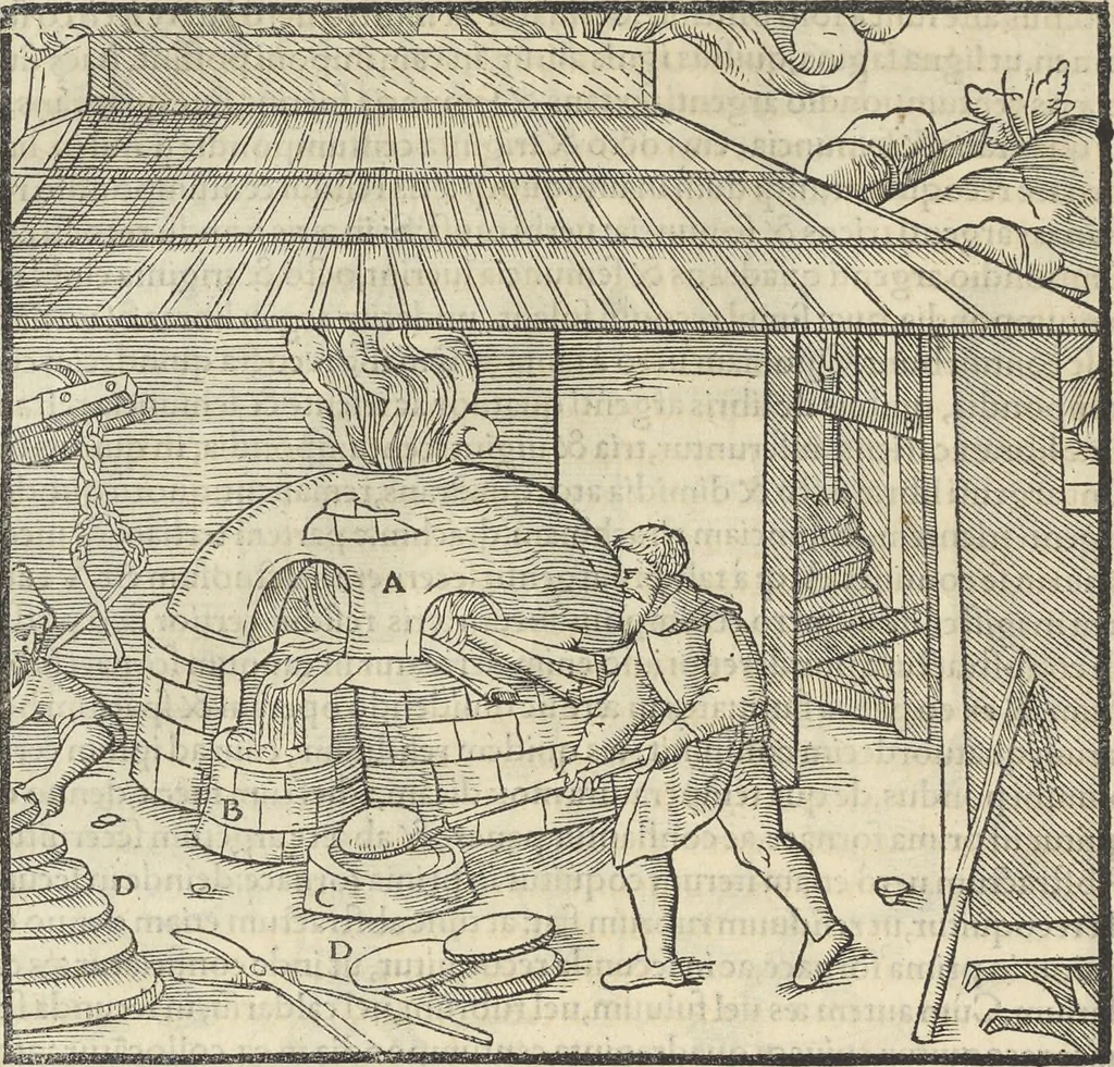 An illustration from Georgii Agricolae De re metallica : libri XII. Quibus officia, instrumenta, machinae, ac omnia deni[que] ad metallicam spectantia, non modo luculentissimè describuntur, sed & per effigies, suis locis infertas, adiunctis latinis, germanicis [que] appellationibus ita ob oculos ponuntur, ut clarius tradi non possint. ; Eiusdem De animantibus subterraneis liber,, 1556, leaf 425