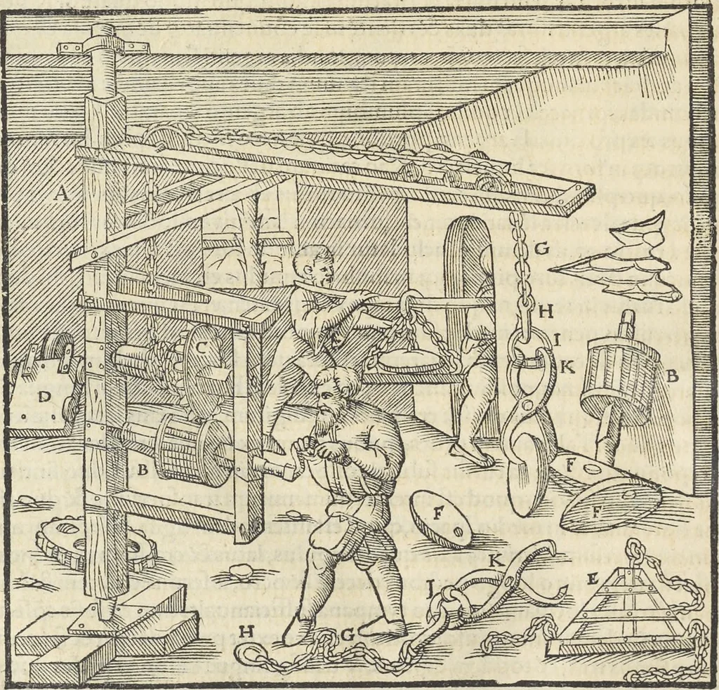 An illustration from Georgii Agricolae De re metallica : libri XII. Quibus officia, instrumenta, machinae, ac omnia deni[que] ad metallicam spectantia, non modo luculentissimè describuntur, sed & per effigies, suis locis infertas, adiunctis latinis, germanicis [que] appellationibus ita ob oculos ponuntur, ut clarius tradi non possint. ; Eiusdem De animantibus subterraneis liber,, 1556, leaf 427