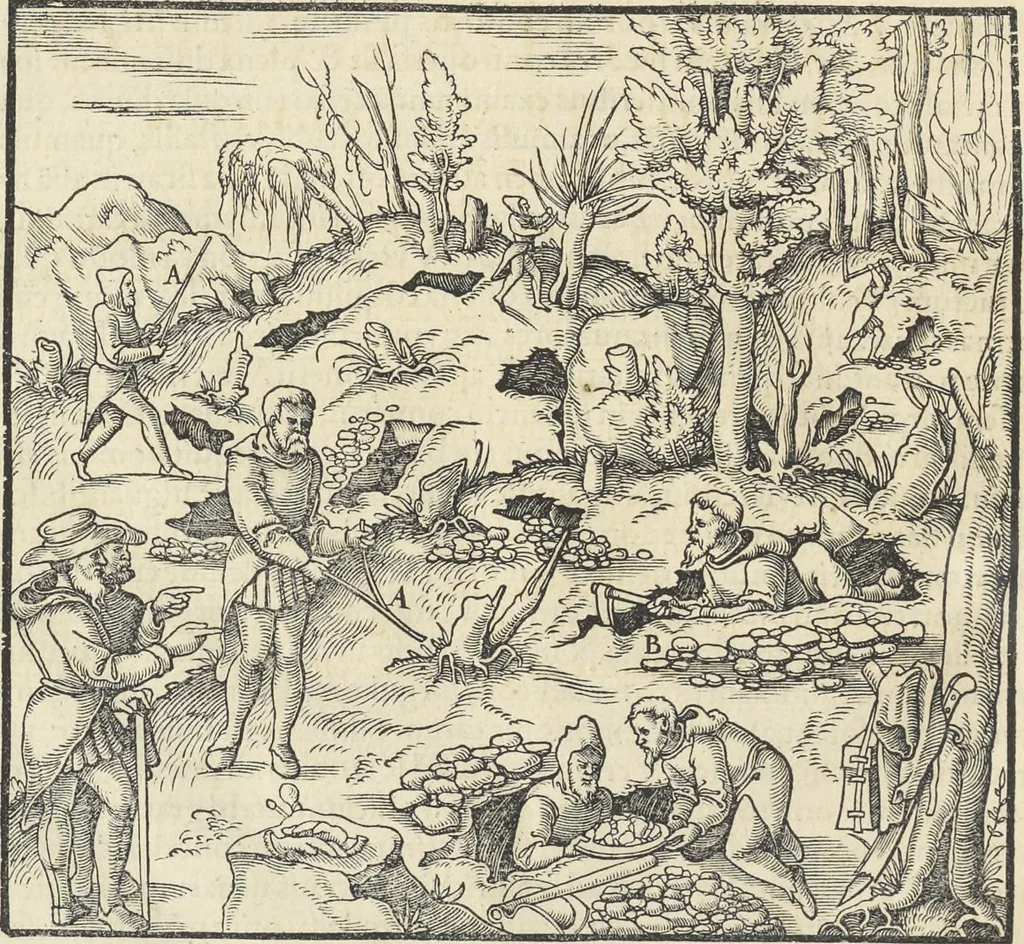 An illustration from Georgii Agricolae De re metallica : libri XII. Quibus officia, instrumenta, machinae, ac omnia deni[que] ad metallicam spectantia, non modo luculentissimè describuntur, sed & per effigies, suis locis infertas, adiunctis latinis, germanicis [que] appellationibus ita ob oculos ponuntur, ut clarius tradi non possint. ; Eiusdem De animantibus subterraneis liber,, 1556, leaf 43