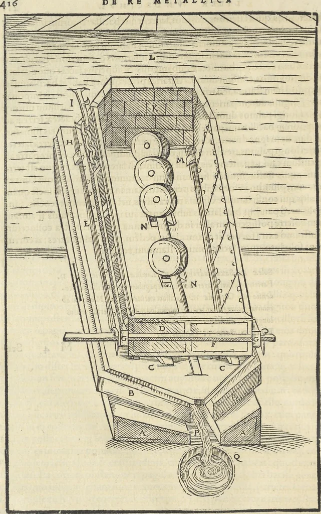 An illustration from Georgii Agricolae De re metallica : libri XII. Quibus officia, instrumenta, machinae, ac omnia deni[que] ad metallicam spectantia, non modo luculentissimè describuntur, sed & per effigies, suis locis infertas, adiunctis latinis, germanicis [que] appellationibus ita ob oculos ponuntur, ut clarius tradi non possint. ; Eiusdem De animantibus subterraneis liber,, 1556, leaf 431
