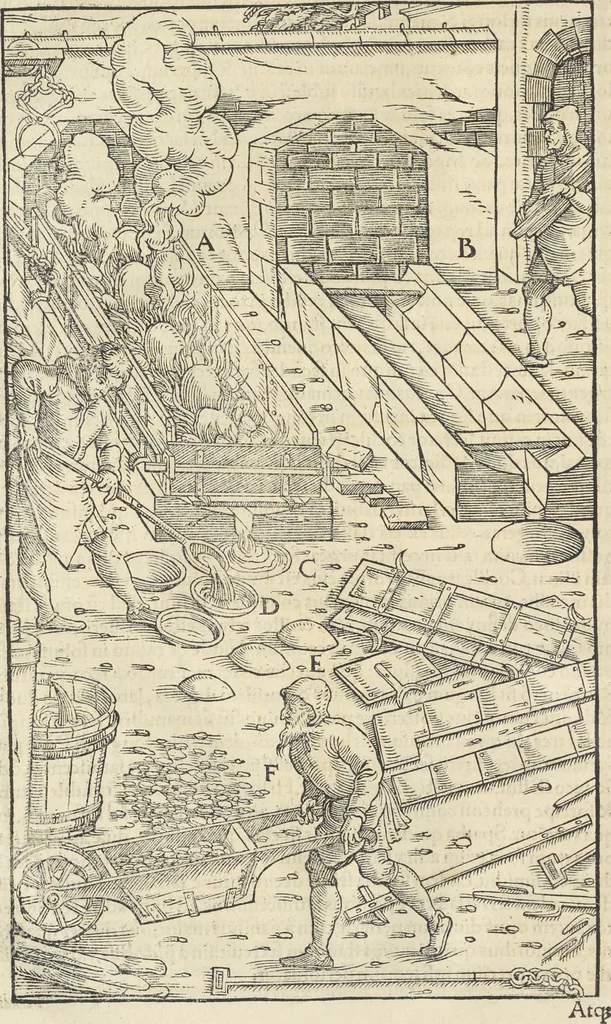 An illustration from Georgii Agricolae De re metallica : libri XII. Quibus officia, instrumenta, machinae, ac omnia deni[que] ad metallicam spectantia, non modo luculentissimè describuntur, sed & per effigies, suis locis infertas, adiunctis latinis, germanicis [que] appellationibus ita ob oculos ponuntur, ut clarius tradi non possint. ; Eiusdem De animantibus subterraneis liber,, 1556, leaf 433