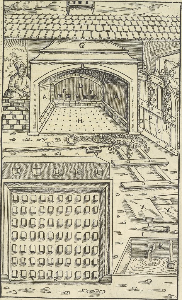 An illustration from Georgii Agricolae De re metallica : libri XII. Quibus officia, instrumenta, machinae, ac omnia deni[que] ad metallicam spectantia, non modo luculentissimè describuntur, sed & per effigies, suis locis infertas, adiunctis latinis, germanicis [que] appellationibus ita ob oculos ponuntur, ut clarius tradi non possint. ; Eiusdem De animantibus subterraneis liber,, 1556, leaf 438