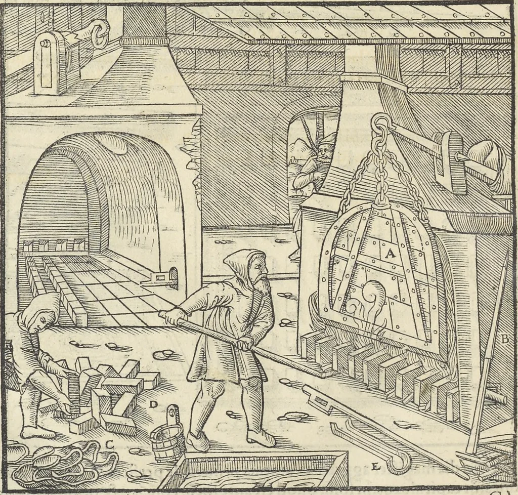 An illustration from Georgii Agricolae De re metallica : libri XII. Quibus officia, instrumenta, machinae, ac omnia deni[que] ad metallicam spectantia, non modo luculentissimè describuntur, sed & per effigies, suis locis infertas, adiunctis latinis, germanicis [que] appellationibus ita ob oculos ponuntur, ut clarius tradi non possint. ; Eiusdem De animantibus subterraneis liber,, 1556, leaf 439