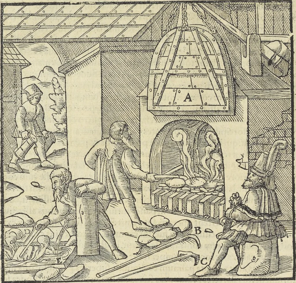 An illustration from Georgii Agricolae De re metallica : libri XII. Quibus officia, instrumenta, machinae, ac omnia deni[que] ad metallicam spectantia, non modo luculentissimè describuntur, sed & per effigies, suis locis infertas, adiunctis latinis, germanicis [que] appellationibus ita ob oculos ponuntur, ut clarius tradi non possint. ; Eiusdem De animantibus subterraneis liber,, 1556, leaf 441