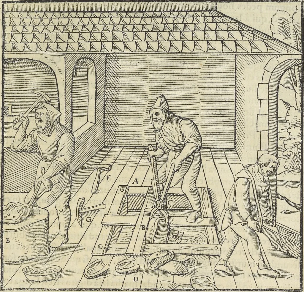An illustration from Georgii Agricolae De re metallica : libri XII. Quibus officia, instrumenta, machinae, ac omnia deni[que] ad metallicam spectantia, non modo luculentissimè describuntur, sed & per effigies, suis locis infertas, adiunctis latinis, germanicis [que] appellationibus ita ob oculos ponuntur, ut clarius tradi non possint. ; Eiusdem De animantibus subterraneis liber,, 1556, leaf 442