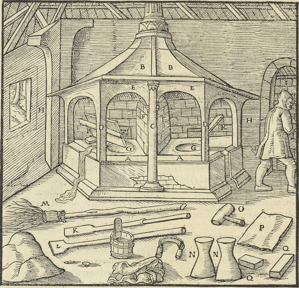 An illustration from Georgii Agricolae De re metallica : libri XII. Quibus officia, instrumenta, machinae, ac omnia deni[que] ad metallicam spectantia, non modo luculentissimè describuntur, sed & per effigies, suis locis infertas, adiunctis latinis, germanicis [que] appellationibus ita ob oculos ponuntur, ut clarius tradi non possint. ; Eiusdem De animantibus subterraneis liber,, 1556, leaf 445