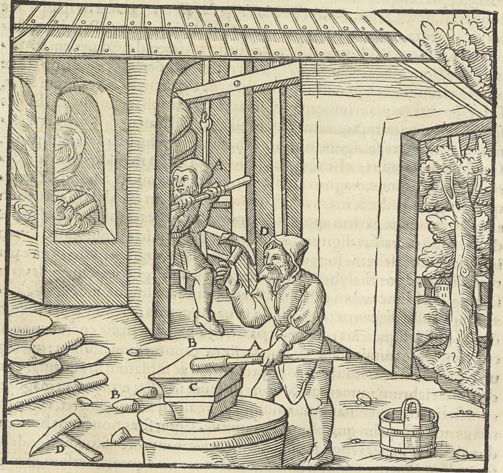 An illustration from Georgii Agricolae De re metallica : libri XII. Quibus officia, instrumenta, machinae, ac omnia deni[que] ad metallicam spectantia, non modo luculentissimè describuntur, sed & per effigies, suis locis infertas, adiunctis latinis, germanicis [que] appellationibus ita ob oculos ponuntur, ut clarius tradi non possint. ; Eiusdem De animantibus subterraneis liber,, 1556, leaf 446