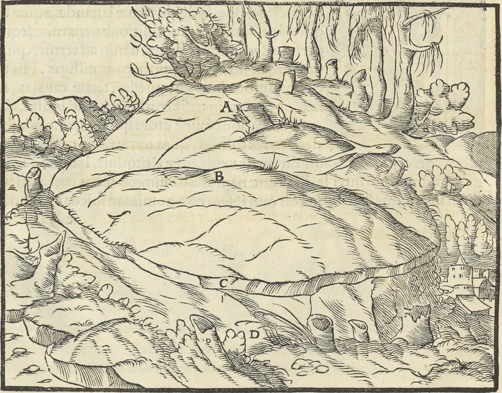 An illustration from Georgii Agricolae De re metallica : libri XII. Quibus officia, instrumenta, machinae, ac omnia deni[que] ad metallicam spectantia, non modo luculentissimè describuntur, sed & per effigies, suis locis infertas, adiunctis latinis, germanicis [que] appellationibus ita ob oculos ponuntur, ut clarius tradi non possint. ; Eiusdem De animantibus subterraneis liber,, 1556, leaf 45