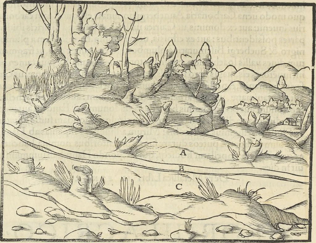 An illustration from Georgii Agricolae De re metallica : libri XII. Quibus officia, instrumenta, machinae, ac omnia deni[que] ad metallicam spectantia, non modo luculentissimè describuntur, sed & per effigies, suis locis infertas, adiunctis latinis, germanicis [que] appellationibus ita ob oculos ponuntur, ut clarius tradi non possint. ; Eiusdem De animantibus subterraneis liber,, 1556, leaf 45