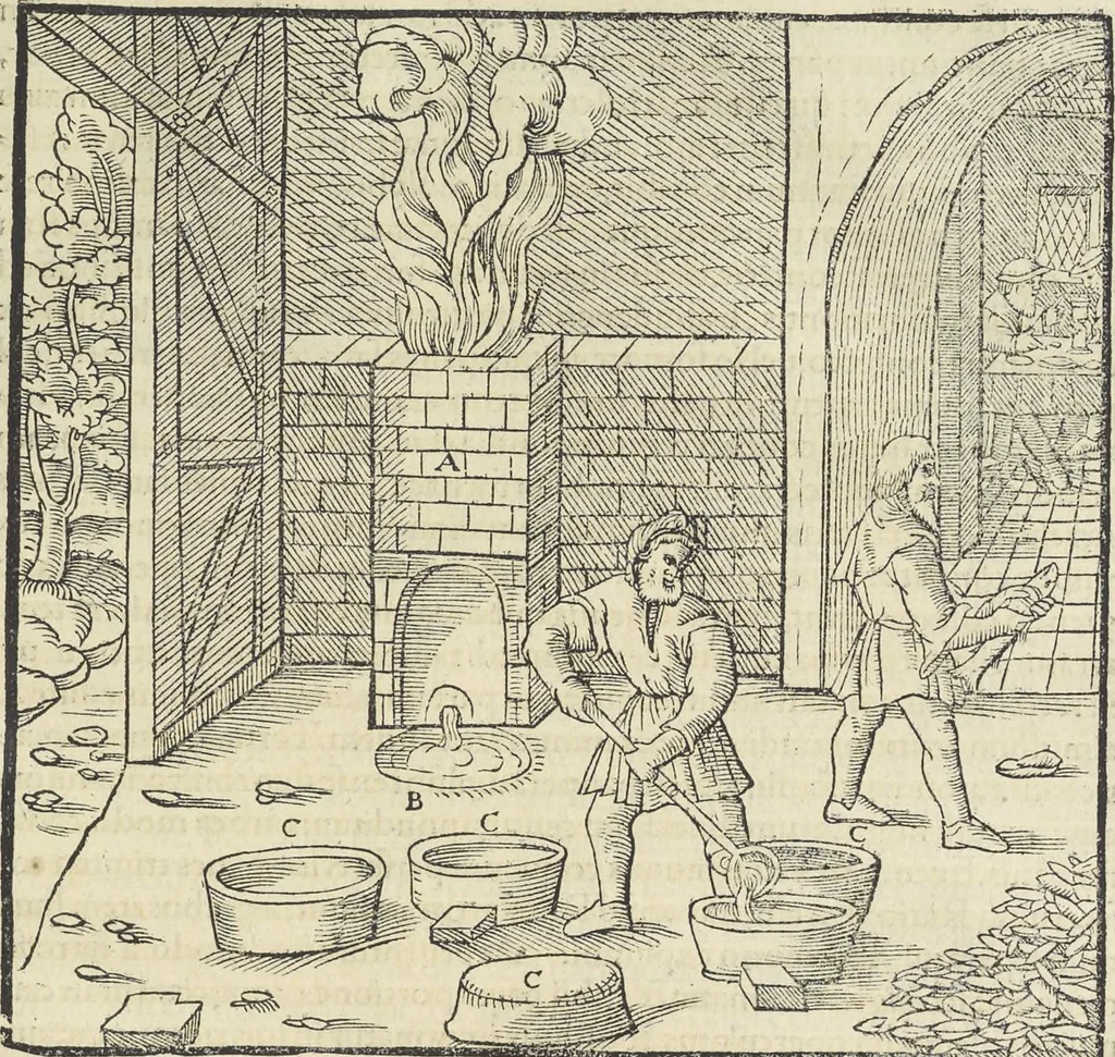 An illustration from Georgii Agricolae De re metallica : libri XII. Quibus officia, instrumenta, machinae, ac omnia deni[que] ad metallicam spectantia, non modo luculentissimè describuntur, sed & per effigies, suis locis infertas, adiunctis latinis, germanicis [que] appellationibus ita ob oculos ponuntur, ut clarius tradi non possint. ; Eiusdem De animantibus subterraneis liber,, 1556, leaf 452