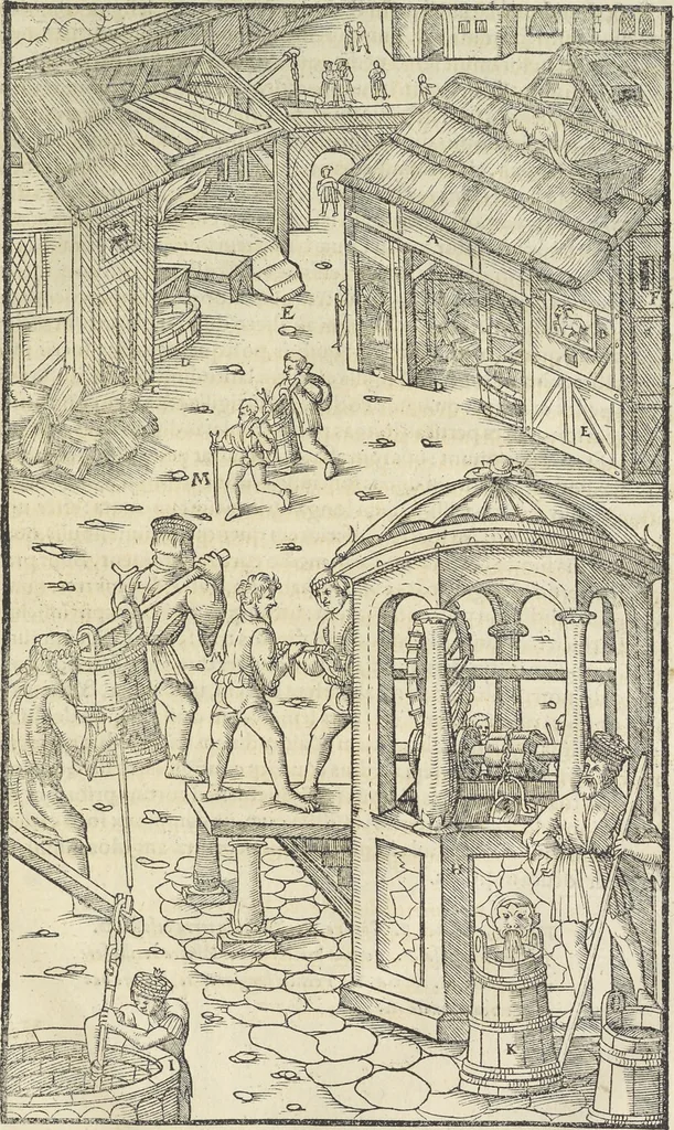 An illustration from Georgii Agricolae De re metallica : libri XII. Quibus officia, instrumenta, machinae, ac omnia deni[que] ad metallicam spectantia, non modo luculentissimè describuntur, sed & per effigies, suis locis infertas, adiunctis latinis, germanicis [que] appellationibus ita ob oculos ponuntur, ut clarius tradi non possint. ; Eiusdem De animantibus subterraneis liber,, 1556, leaf 458