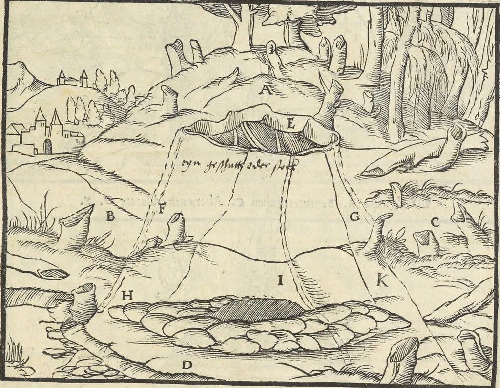 An illustration from Georgii Agricolae De re metallica : libri XII. Quibus officia, instrumenta, machinae, ac omnia deni[que] ad metallicam spectantia, non modo luculentissimè describuntur, sed & per effigies, suis locis infertas, adiunctis latinis, germanicis [que] appellationibus ita ob oculos ponuntur, ut clarius tradi non possint. ; Eiusdem De animantibus subterraneis liber,, 1556, leaf 46