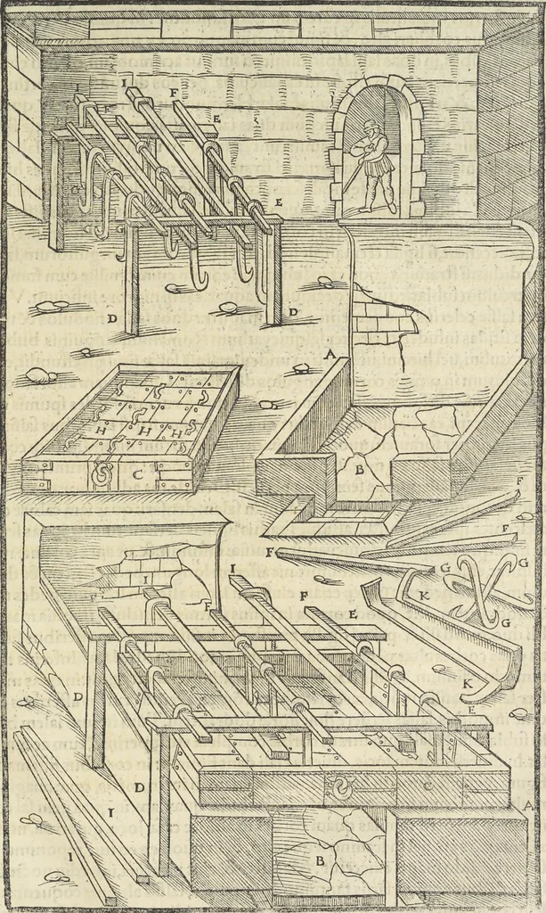 An illustration from Georgii Agricolae De re metallica : libri XII. Quibus officia, instrumenta, machinae, ac omnia deni[que] ad metallicam spectantia, non modo luculentissimè describuntur, sed & per effigies, suis locis infertas, adiunctis latinis, germanicis [que] appellationibus ita ob oculos ponuntur, ut clarius tradi non possint. ; Eiusdem De animantibus subterraneis liber,, 1556, leaf 460