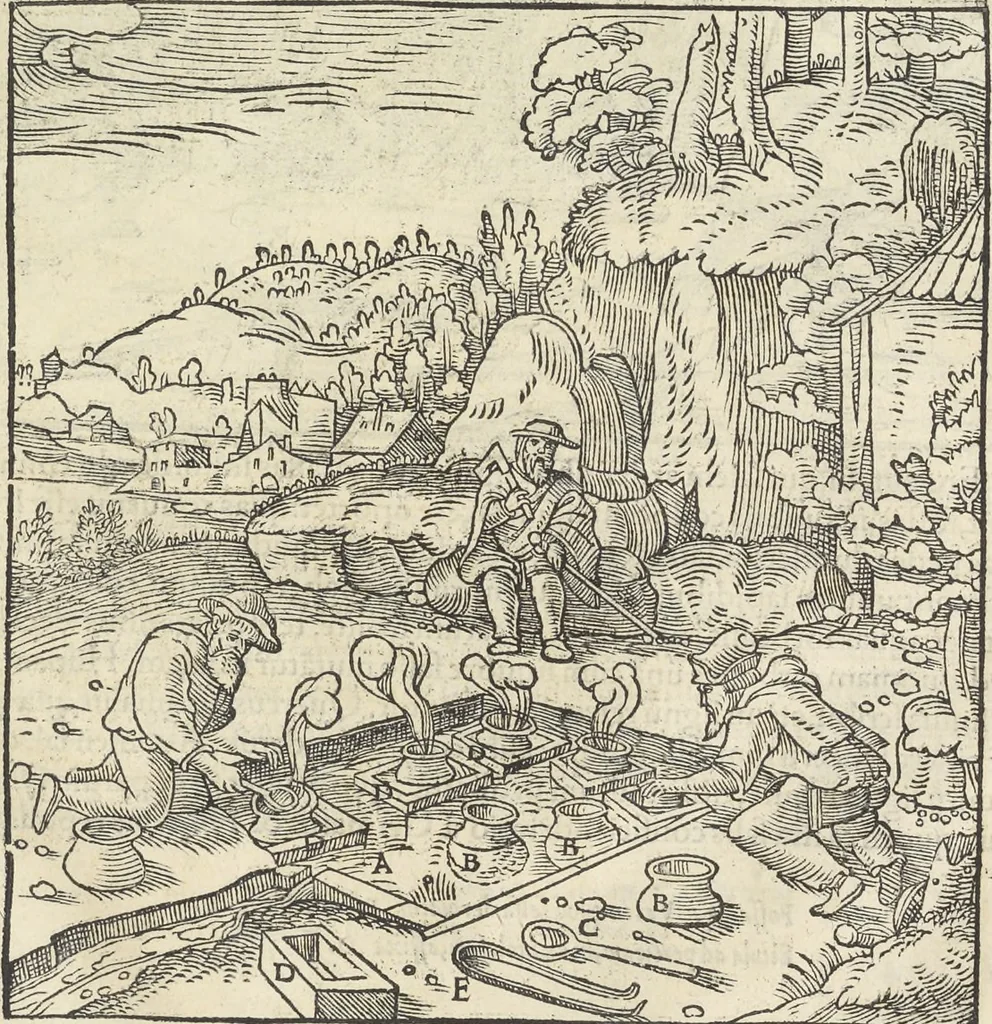 An illustration from Georgii Agricolae De re metallica : libri XII. Quibus officia, instrumenta, machinae, ac omnia deni[que] ad metallicam spectantia, non modo luculentissimè describuntur, sed & per effigies, suis locis infertas, adiunctis latinis, germanicis [que] appellationibus ita ob oculos ponuntur, ut clarius tradi non possint. ; Eiusdem De animantibus subterraneis liber,, 1556, leaf 464