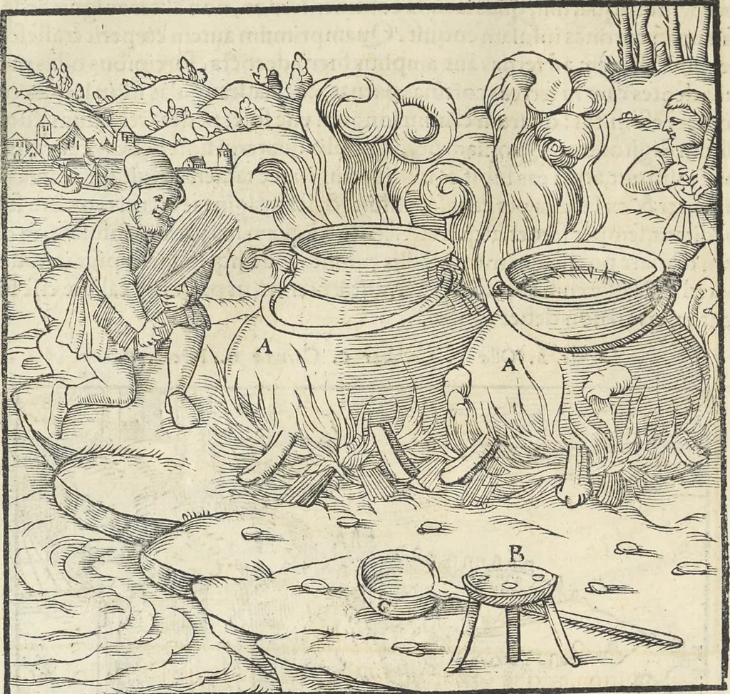 An illustration from Georgii Agricolae De re metallica : libri XII. Quibus officia, instrumenta, machinae, ac omnia deni[que] ad metallicam spectantia, non modo luculentissimè describuntur, sed & per effigies, suis locis infertas, adiunctis latinis, germanicis [que] appellationibus ita ob oculos ponuntur, ut clarius tradi non possint. ; Eiusdem De animantibus subterraneis liber,, 1556, leaf 465