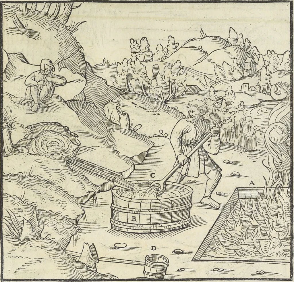 An illustration from Georgii Agricolae De re metallica : libri XII. Quibus officia, instrumenta, machinae, ac omnia deni[que] ad metallicam spectantia, non modo luculentissimè describuntur, sed & per effigies, suis locis infertas, adiunctis latinis, germanicis [que] appellationibus ita ob oculos ponuntur, ut clarius tradi non possint. ; Eiusdem De animantibus subterraneis liber,, 1556, leaf 466