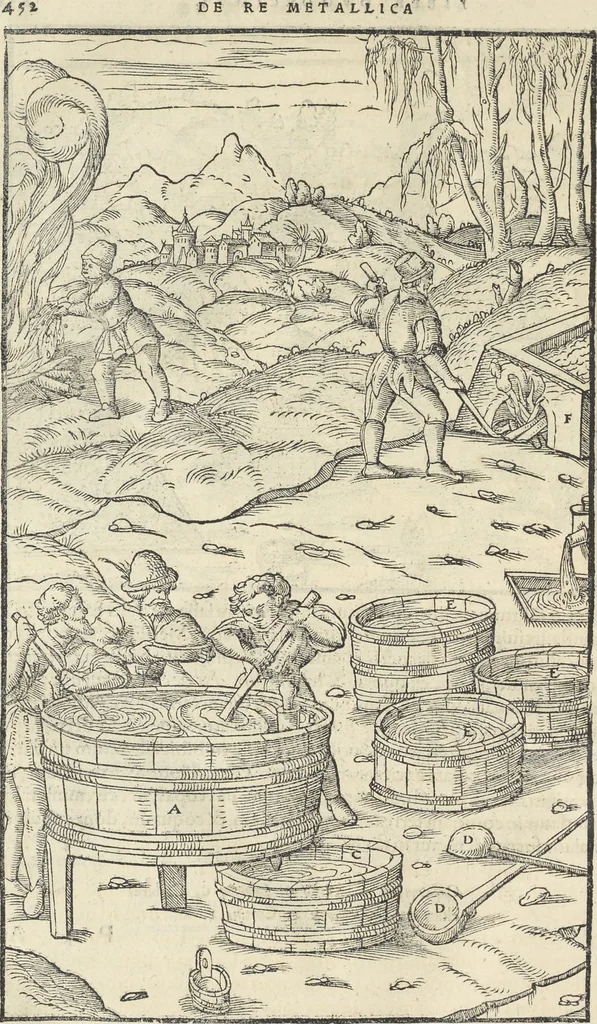 An illustration from Georgii Agricolae De re metallica : libri XII. Quibus officia, instrumenta, machinae, ac omnia deni[que] ad metallicam spectantia, non modo luculentissimè describuntur, sed & per effigies, suis locis infertas, adiunctis latinis, germanicis [que] appellationibus ita ob oculos ponuntur, ut clarius tradi non possint. ; Eiusdem De animantibus subterraneis liber,, 1556, leaf 467