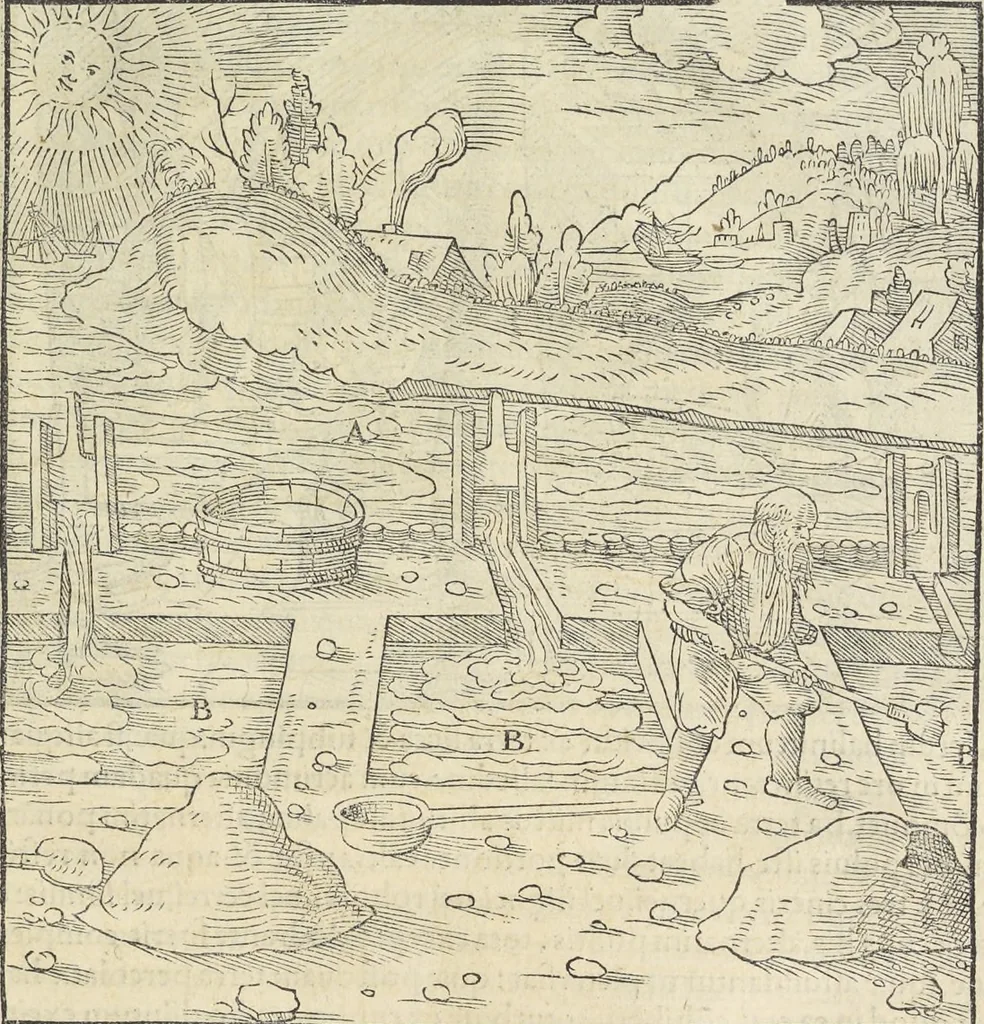An illustration from Georgii Agricolae De re metallica : libri XII. Quibus officia, instrumenta, machinae, ac omnia deni[que] ad metallicam spectantia, non modo luculentissimè describuntur, sed & per effigies, suis locis infertas, adiunctis latinis, germanicis [que] appellationibus ita ob oculos ponuntur, ut clarius tradi non possint. ; Eiusdem De animantibus subterraneis liber,, 1556, leaf 468