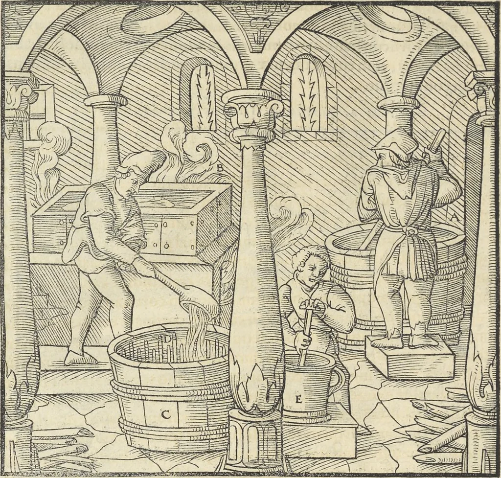 An illustration from Georgii Agricolae De re metallica : libri XII. Quibus officia, instrumenta, machinae, ac omnia deni[que] ad metallicam spectantia, non modo luculentissimè describuntur, sed & per effigies, suis locis infertas, adiunctis latinis, germanicis [que] appellationibus ita ob oculos ponuntur, ut clarius tradi non possint. ; Eiusdem De animantibus subterraneis liber,, 1556, leaf 469