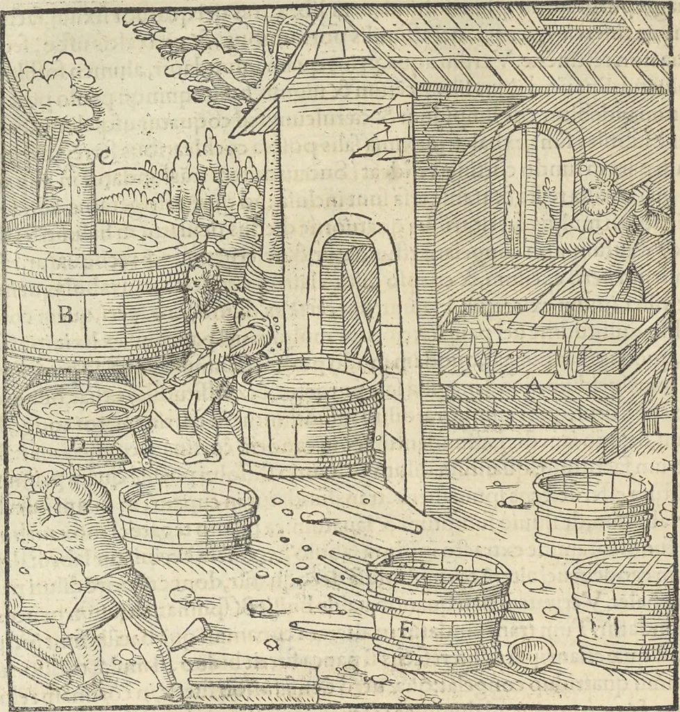 An illustration from Georgii Agricolae De re metallica : libri XII. Quibus officia, instrumenta, machinae, ac omnia deni[que] ad metallicam spectantia, non modo luculentissimè describuntur, sed & per effigies, suis locis infertas, adiunctis latinis, germanicis [que] appellationibus ita ob oculos ponuntur, ut clarius tradi non possint. ; Eiusdem De animantibus subterraneis liber,, 1556, leaf 471