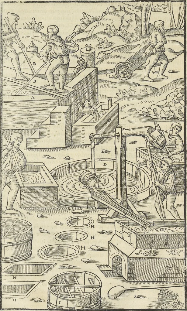 An illustration from Georgii Agricolae De re metallica : libri XII. Quibus officia, instrumenta, machinae, ac omnia deni[que] ad metallicam spectantia, non modo luculentissimè describuntur, sed & per effigies, suis locis infertas, adiunctis latinis, germanicis [que] appellationibus ita ob oculos ponuntur, ut clarius tradi non possint. ; Eiusdem De animantibus subterraneis liber,, 1556, leaf 473
