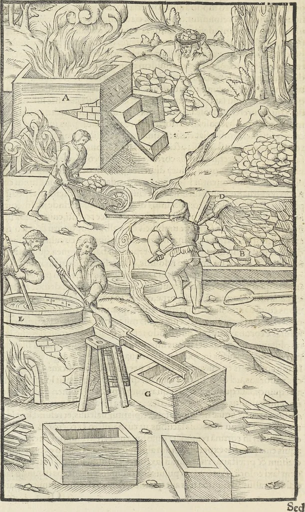 An illustration from Georgii Agricolae De re metallica : libri XII. Quibus officia, instrumenta, machinae, ac omnia deni[que] ad metallicam spectantia, non modo luculentissimè describuntur, sed & per effigies, suis locis infertas, adiunctis latinis, germanicis [que] appellationibus ita ob oculos ponuntur, ut clarius tradi non possint. ; Eiusdem De animantibus subterraneis liber,, 1556, leaf 475