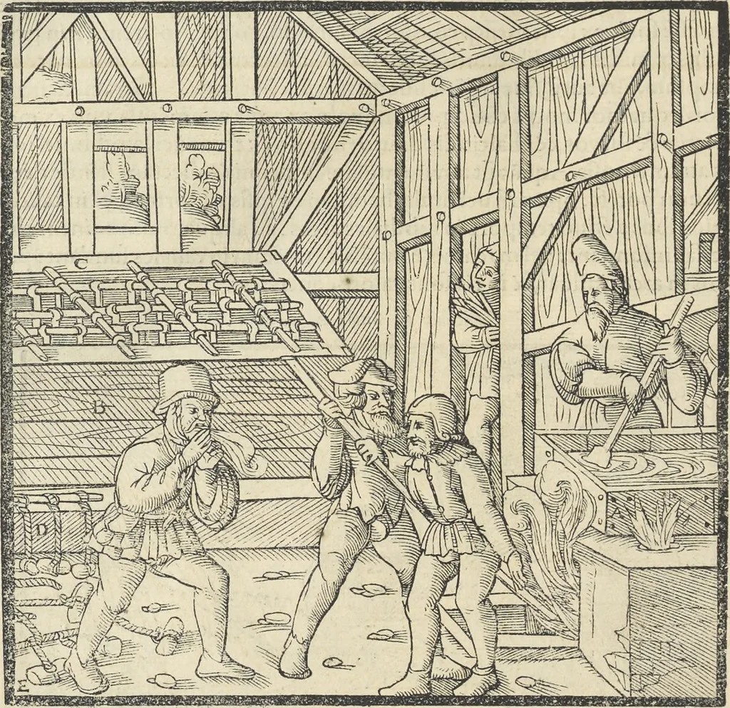 An illustration from Georgii Agricolae De re metallica : libri XII. Quibus officia, instrumenta, machinae, ac omnia deni[que] ad metallicam spectantia, non modo luculentissimè describuntur, sed & per effigies, suis locis infertas, adiunctis latinis, germanicis [que] appellationibus ita ob oculos ponuntur, ut clarius tradi non possint. ; Eiusdem De animantibus subterraneis liber,, 1556, leaf 477