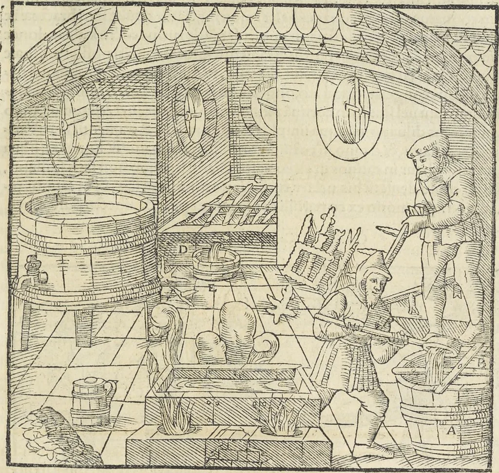 An illustration from Georgii Agricolae De re metallica : libri XII. Quibus officia, instrumenta, machinae, ac omnia deni[que] ad metallicam spectantia, non modo luculentissimè describuntur, sed & per effigies, suis locis infertas, adiunctis latinis, germanicis [que] appellationibus ita ob oculos ponuntur, ut clarius tradi non possint. ; Eiusdem De animantibus subterraneis liber,, 1556, leaf 478