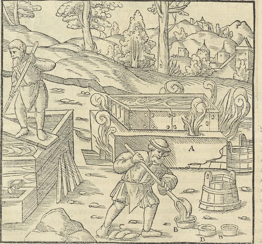 An illustration from Georgii Agricolae De re metallica : libri XII. Quibus officia, instrumenta, machinae, ac omnia deni[que] ad metallicam spectantia, non modo luculentissimè describuntur, sed & per effigies, suis locis infertas, adiunctis latinis, germanicis [que] appellationibus ita ob oculos ponuntur, ut clarius tradi non possint. ; Eiusdem De animantibus subterraneis liber,, 1556, leaf 479
