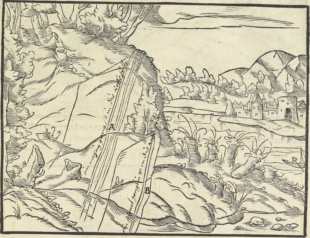 An illustration from Georgii Agricolae De re metallica : libri XII. Quibus officia, instrumenta, machinae, ac omnia deni[que] ad metallicam spectantia, non modo luculentissimè describuntur, sed & per effigies, suis locis infertas, adiunctis latinis, germanicis [que] appellationibus ita ob oculos ponuntur, ut clarius tradi non possint. ; Eiusdem De animantibus subterraneis liber,, 1556, leaf 48