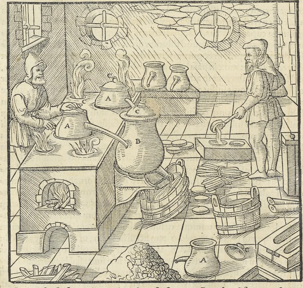An illustration from Georgii Agricolae De re metallica : libri XII. Quibus officia, instrumenta, machinae, ac omnia deni[que] ad metallicam spectantia, non modo luculentissimè describuntur, sed & per effigies, suis locis infertas, adiunctis latinis, germanicis [que] appellationibus ita ob oculos ponuntur, ut clarius tradi non possint. ; Eiusdem De animantibus subterraneis liber,, 1556, leaf 481