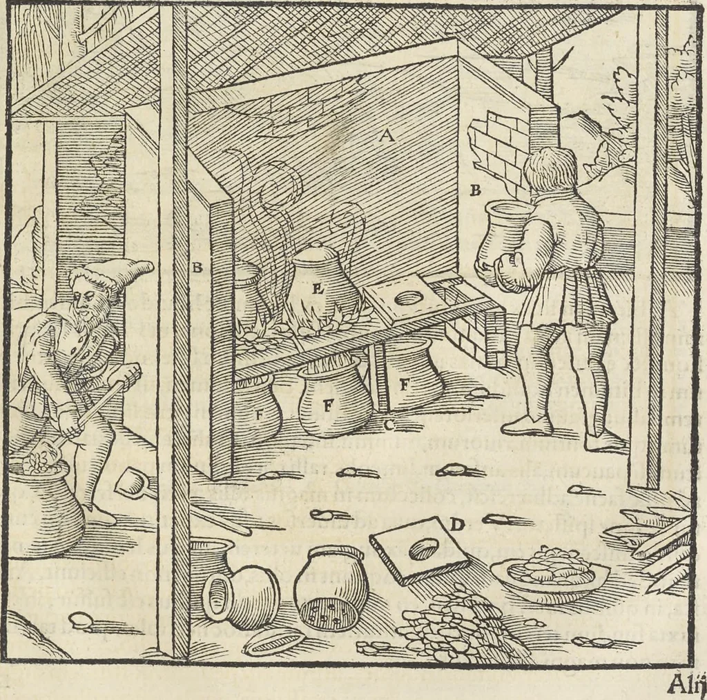 An illustration from Georgii Agricolae De re metallica : libri XII. Quibus officia, instrumenta, machinae, ac omnia deni[que] ad metallicam spectantia, non modo luculentissimè describuntur, sed & per effigies, suis locis infertas, adiunctis latinis, germanicis [que] appellationibus ita ob oculos ponuntur, ut clarius tradi non possint. ; Eiusdem De animantibus subterraneis liber,, 1556, leaf 482
