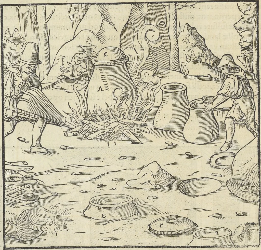 An illustration from Georgii Agricolae De re metallica : libri XII. Quibus officia, instrumenta, machinae, ac omnia deni[que] ad metallicam spectantia, non modo luculentissimè describuntur, sed & per effigies, suis locis infertas, adiunctis latinis, germanicis [que] appellationibus ita ob oculos ponuntur, ut clarius tradi non possint. ; Eiusdem De animantibus subterraneis liber,, 1556, leaf 483