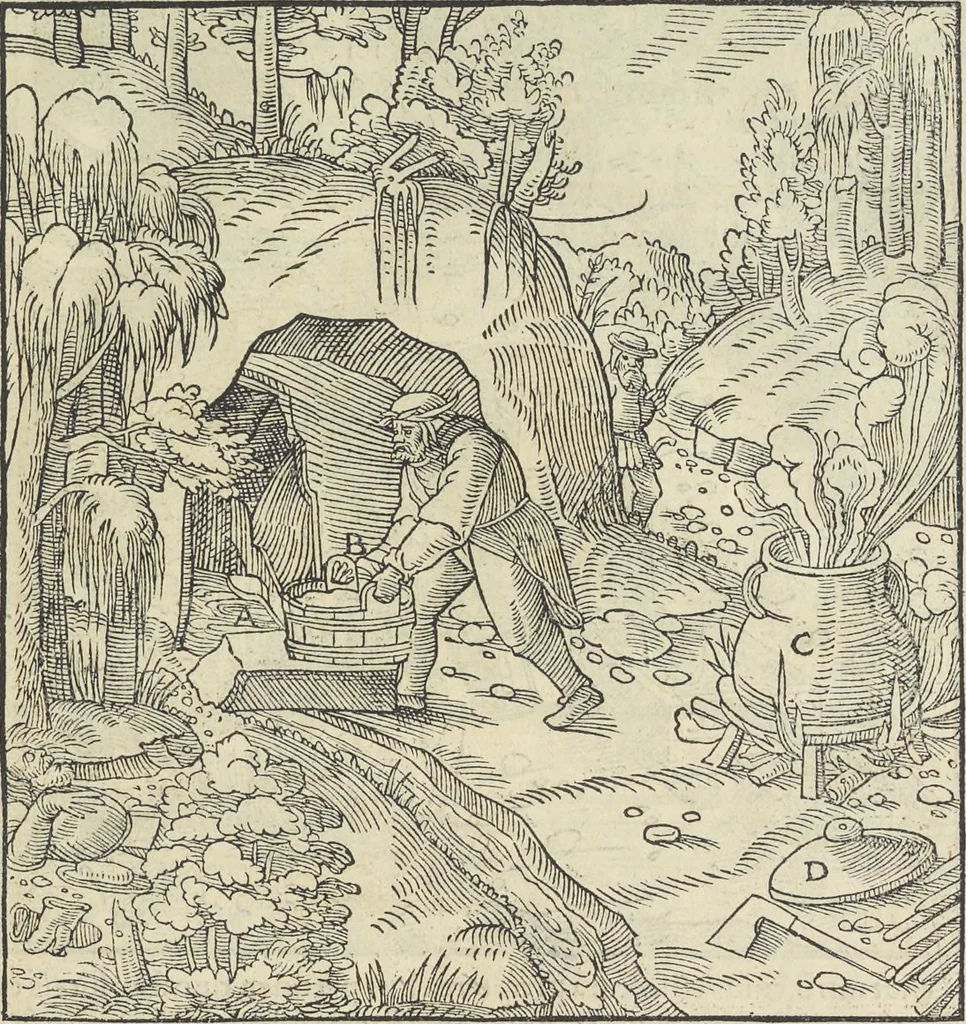 An illustration from Georgii Agricolae De re metallica : libri XII. Quibus officia, instrumenta, machinae, ac omnia deni[que] ad metallicam spectantia, non modo luculentissimè describuntur, sed & per effigies, suis locis infertas, adiunctis latinis, germanicis [que] appellationibus ita ob oculos ponuntur, ut clarius tradi non possint. ; Eiusdem De animantibus subterraneis liber,, 1556, leaf 484