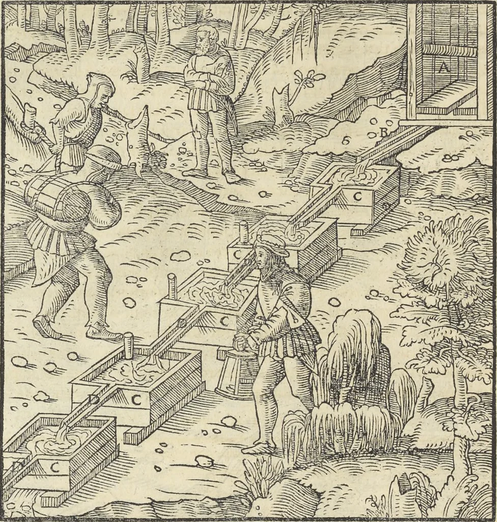 An illustration from Georgii Agricolae De re metallica : libri XII. Quibus officia, instrumenta, machinae, ac omnia deni[que] ad metallicam spectantia, non modo luculentissimè describuntur, sed & per effigies, suis locis infertas, adiunctis latinis, germanicis [que] appellationibus ita ob oculos ponuntur, ut clarius tradi non possint. ; Eiusdem De animantibus subterraneis liber,, 1556, leaf 485