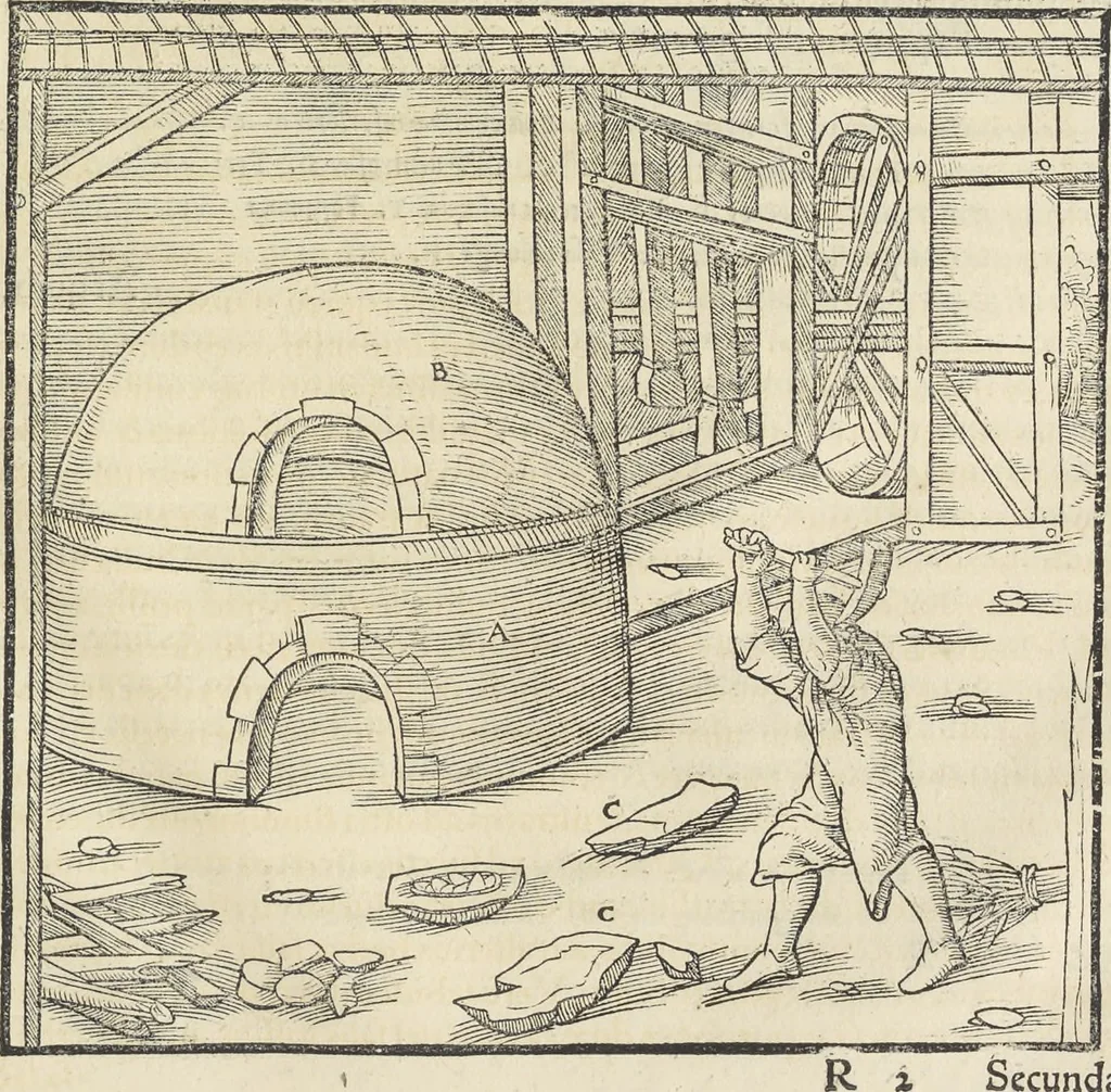 An illustration from Georgii Agricolae De re metallica : libri XII. Quibus officia, instrumenta, machinae, ac omnia deni[que] ad metallicam spectantia, non modo luculentissimè describuntur, sed & per effigies, suis locis infertas, adiunctis latinis, germanicis [que] appellationibus ita ob oculos ponuntur, ut clarius tradi non possint. ; Eiusdem De animantibus subterraneis liber,, 1556, leaf 486