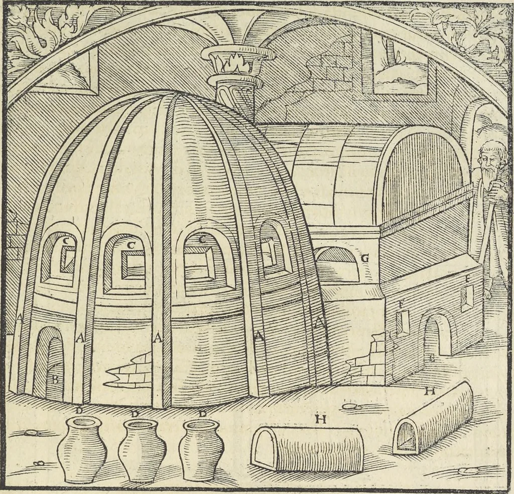 An illustration from Georgii Agricolae De re metallica : libri XII. Quibus officia, instrumenta, machinae, ac omnia deni[que] ad metallicam spectantia, non modo luculentissimè describuntur, sed & per effigies, suis locis infertas, adiunctis latinis, germanicis [que] appellationibus ita ob oculos ponuntur, ut clarius tradi non possint. ; Eiusdem De animantibus subterraneis liber,, 1556, leaf 488