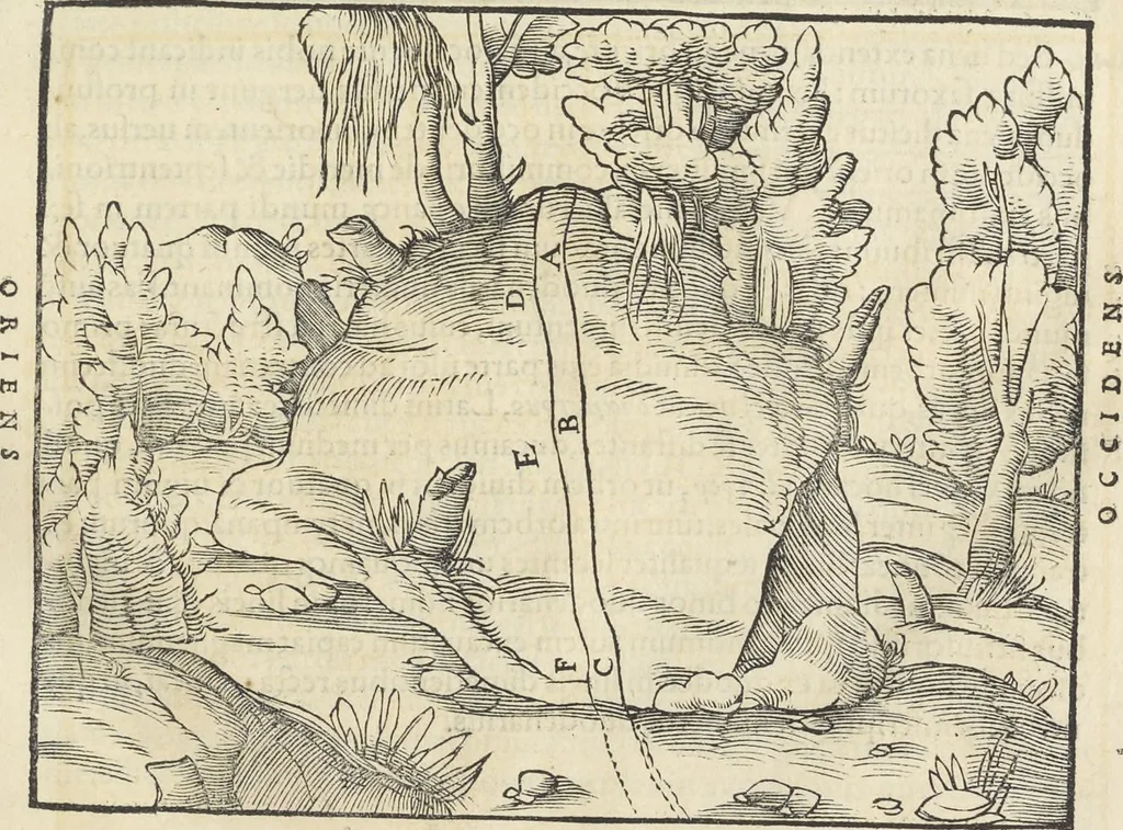 An illustration from Georgii Agricolae De re metallica : libri XII. Quibus officia, instrumenta, machinae, ac omnia deni[que] ad metallicam spectantia, non modo luculentissimè describuntur, sed & per effigies, suis locis infertas, adiunctis latinis, germanicis [que] appellationibus ita ob oculos ponuntur, ut clarius tradi non possint. ; Eiusdem De animantibus subterraneis liber,, 1556, leaf 50