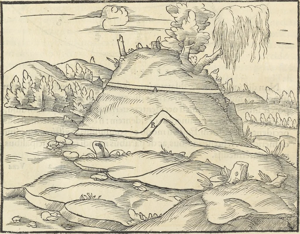 An illustration from Georgii Agricolae De re metallica : libri XII. Quibus officia, instrumenta, machinae, ac omnia deni[que] ad metallicam spectantia, non modo luculentissimè describuntur, sed & per effigies, suis locis infertas, adiunctis latinis, germanicis [que] appellationibus ita ob oculos ponuntur, ut clarius tradi non possint. ; Eiusdem De animantibus subterraneis liber,, 1556, leaf 55