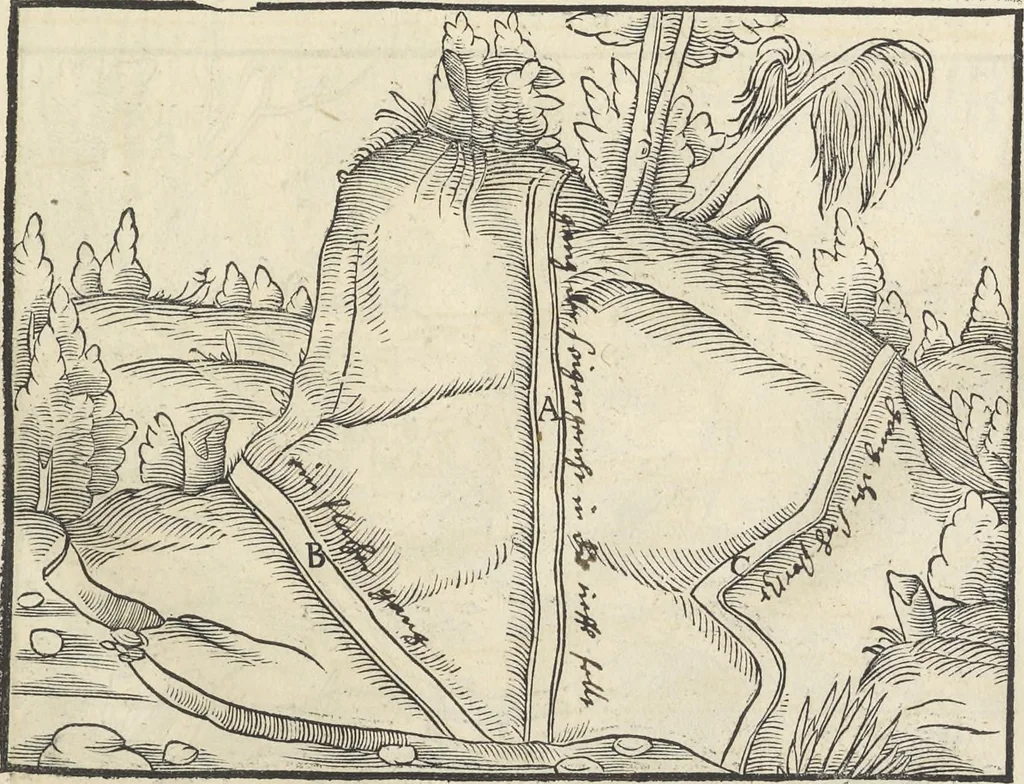 An illustration from Georgii Agricolae De re metallica : libri XII. Quibus officia, instrumenta, machinae, ac omnia deni[que] ad metallicam spectantia, non modo luculentissimè describuntur, sed & per effigies, suis locis infertas, adiunctis latinis, germanicis [que] appellationibus ita ob oculos ponuntur, ut clarius tradi non possint. ; Eiusdem De animantibus subterraneis liber,, 1556, leaf 56