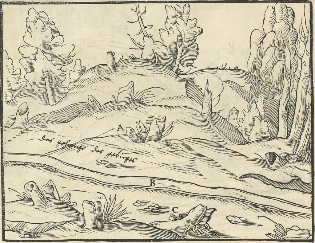 An illustration from Georgii Agricolae De re metallica : libri XII. Quibus officia, instrumenta, machinae, ac omnia deni[que] ad metallicam spectantia, non modo luculentissimè describuntur, sed & per effigies, suis locis infertas, adiunctis latinis, germanicis [que] appellationibus ita ob oculos ponuntur, ut clarius tradi non possint. ; Eiusdem De animantibus subterraneis liber,, 1556, leaf 57