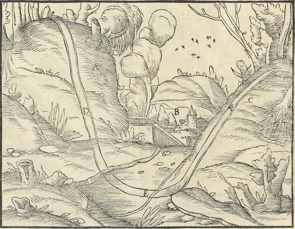 An illustration from Georgii Agricolae De re metallica : libri XII. Quibus officia, instrumenta, machinae, ac omnia deni[que] ad metallicam spectantia, non modo luculentissimè describuntur, sed & per effigies, suis locis infertas, adiunctis latinis, germanicis [que] appellationibus ita ob oculos ponuntur, ut clarius tradi non possint. ; Eiusdem De animantibus subterraneis liber,, 1556, leaf 57