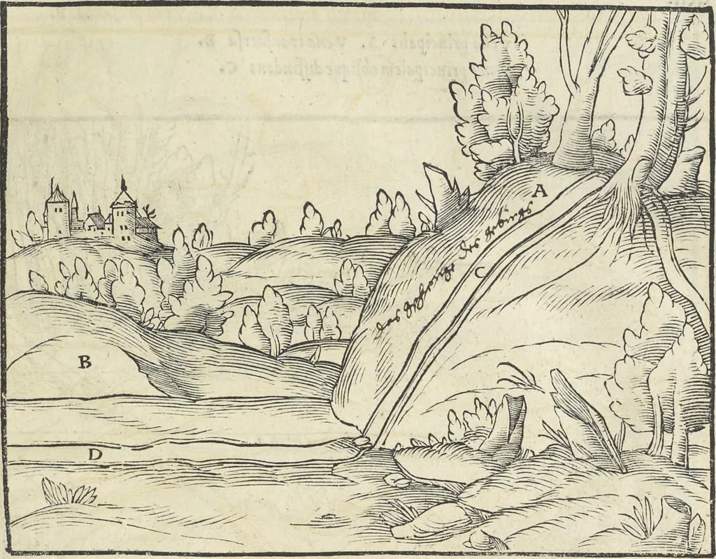 An illustration from Georgii Agricolae De re metallica : libri XII. Quibus officia, instrumenta, machinae, ac omnia deni[que] ad metallicam spectantia, non modo luculentissimè describuntur, sed & per effigies, suis locis infertas, adiunctis latinis, germanicis [que] appellationibus ita ob oculos ponuntur, ut clarius tradi non possint. ; Eiusdem De animantibus subterraneis liber,, 1556, leaf 58