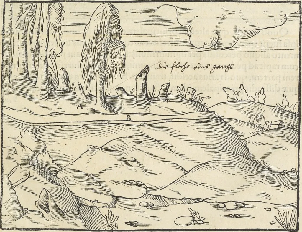 An illustration from Georgii Agricolae De re metallica : libri XII. Quibus officia, instrumenta, machinae, ac omnia deni[que] ad metallicam spectantia, non modo luculentissimè describuntur, sed & per effigies, suis locis infertas, adiunctis latinis, germanicis [que] appellationibus ita ob oculos ponuntur, ut clarius tradi non possint. ; Eiusdem De animantibus subterraneis liber,, 1556, leaf 58