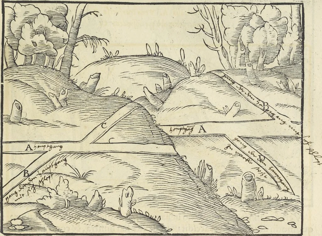 An illustration from Georgii Agricolae De re metallica : libri XII. Quibus officia, instrumenta, machinae, ac omnia deni[que] ad metallicam spectantia, non modo luculentissimè describuntur, sed & per effigies, suis locis infertas, adiunctis latinis, germanicis [que] appellationibus ita ob oculos ponuntur, ut clarius tradi non possint. ; Eiusdem De animantibus subterraneis liber,, 1556, leaf 60