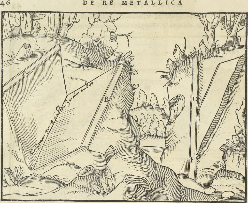 An illustration from Georgii Agricolae De re metallica : libri XII. Quibus officia, instrumenta, machinae, ac omnia deni[que] ad metallicam spectantia, non modo luculentissimè describuntur, sed & per effigies, suis locis infertas, adiunctis latinis, germanicis [que] appellationibus ita ob oculos ponuntur, ut clarius tradi non possint. ; Eiusdem De animantibus subterraneis liber,, 1556, leaf 61